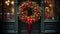 Christmas wreath adorning a store\\\'s welcoming door