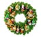 Christmas wreath decorated with ornaments, baubles and vintage t