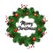 Christmas wreath decorations with fir tree, striped bows, pine cones, holly berries and garland decorative elements