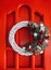 Christmas wreath on the door. Christmas decoration. Winter, New Year, Christmas concept.