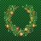 Christmas wreath of fir branches on transparent green background. Holiday decoration christmas balls, pine cones, bullfinch and ti