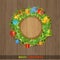 Christmas wreath with fir present boxes and bead on vintage wood