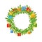 Christmas wreath with fir present boxes and bead on white