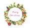 Christmas wreath - fir tree, mistletoe, cookies. Watercolor round frame