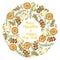 Christmas wreath with hand drawn Christmas elements candles, branches of spuce, fir cones, dried orange on a white background