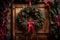 A Christmas wreath hanging on a wooden door, adorned with red ribbons and pinecones