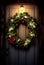 A Christmas wreath hangs on the front doors of a typical American home. AI Generated