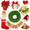 Christmas wreath, hat, sock, gift box, baubles, cookies