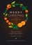 Christmas Wreath with mandarins, oranges fruits, fir tree branches, leaves. Invitation, party, card template, vector