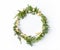 Christmas wreath with natural evegreen twigs. Flatlay. Copy space