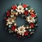 Christmas wreath with poinsettia and baubles on dark background