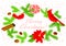 Christmas wreath with poinsettia red flower. Winter floral background with cardinal bir