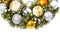 Christmas wreath postcard with christmas toys balls made of beads.