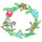 Christmas wreath with rocking horse, decor. Crayon hand drawing cartoon banner frame background.