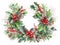Christmas wreath with spruce branches and leaves decorated with red berries.