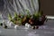 Christmas wreath with succulent plants, decorative balls and bells