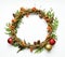 Christmas wreath of vines with decorative ornaments, thuja branches, rowanberries and cones. Flat lay, top view