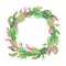 Christmas wreath with Zigokaktus Schlumbergera and mistletoe. Hand-drawn watercolor botanical illustration. Realistic