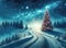 christmas xmas tree lights snow in fantastic landscape stars moon road - ai generated