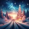 christmas xmas tree lights snow in fantastic landscape stars moon road - ai generated