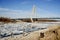 Christopher S. Bond Bridge on the Missouri river covered in melting ice in Kansas City