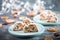 Christstollen, traditonal christmas cake with nuts, raisons, marzipan on a blue background, empty space for text