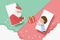 Chritmas concept Santa sends a gift to the child by phone green and red background color vector illustration.