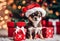 Chritmas scene - A cute chihuahua puppy with a Santa Claus hat - AI generated