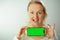 Chroma Key Phone green screen space for advertising Hurray Victory has found Fabulous Photo of a woman in a white T