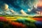 Chromatic Watercolor Vista: Blossoming Meadows and Fluffy Clouds