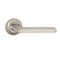 Chrome door handle on a round base with a rounded straight handle in a combined color