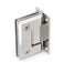 Chrome door hinge for glass door in bathroom, shower enclosure, showcase, glass fitting isolated on a white, closeup
