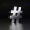Chrome hashtag symbol. 3D render shiny metal font isolated on black background