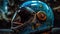 Chrome helmet reflects adventure in futuristic motorcycle racing industry exploration generated by AI