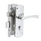 Chrome-plated double-turn mortise lock with a rectangular bolt complete with a handle on a bar, a latch