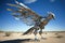 Chrome-plated metal robot bald eagle, sky background. The concept of freedom. AI generated.