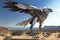 Chrome-plated metal robot bald eagle, sky background. The concept of freedom. AI generated.