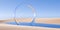 Chrome retro ring object in surreal abstract desert landscape with lake and blue sky background, geometric primitive fantasy