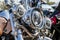 Chromed headlamp of a  motorcycle, stylish classic chrome-plated motorcycle headlight,close-up