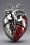 Chromed metal human heart with blood vessels made of iron pipes isolated on neutral background