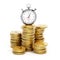 Chronometer standing on golden coins stack. 3D illustration