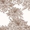 Chrysanthemum flower brown sepia outline seamless pattern on beige background.