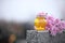 Chrysanthemum flowers and candle on grey granite tombstone. Funeral ceremony