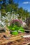 Chrysanthemums bouquet standing on wooden brown table for outdoors summer or autumn party