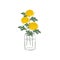 Chrysanthemums in a glass jar. Yellow flowers with leaves. Autumn flowers
