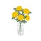 Chrysanthemums in a glass vase. Yellow flowers with leaves. Autumn flowers