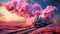 Chu chu train in pink colored landscape and steam with sunset color on sky