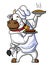 a chubby cartoon cow working as a professional chef, carrying two plates of hot food