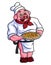 a chubby cartoon pig working as a professional chef, carrying a large pizza on a plate