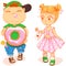 Chubby cute kid eat donut and little cute girl in beautiful dress looking surprised